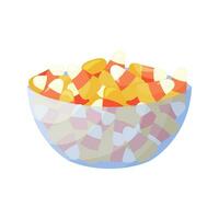 Candy Corns in transparent bowl. Flat vector illustration. Traditional holiday dessert, sweets for Halloween celebration. Striped pumpkins candies isolated on white background.