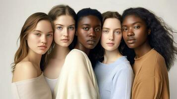 Studio portrait of a multinational group of girls. A company of European and Afro-American girls. photo