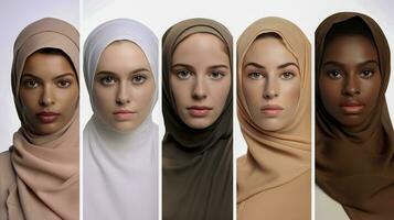 Collage of beautiful young muslim women with different face expressions. photo