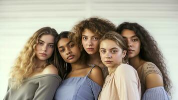 Diversity group of girls on white background studio shot. Young women of different nationalities. photo