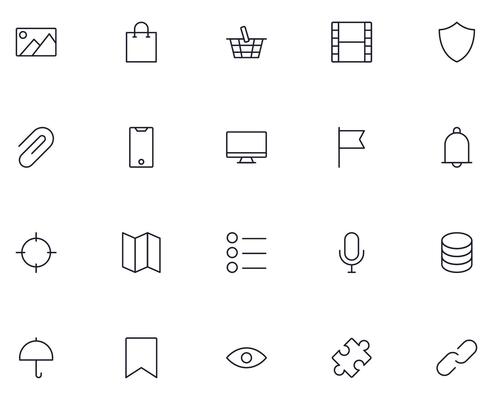 Interface and internet sign. Vector simple minimalistic isolated symbols in line style. Editable strokes. Vector line icon of picture, shopping cart, puzzle and other elements