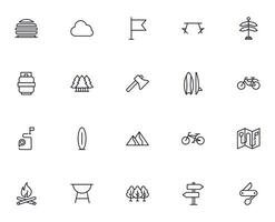 Travel icon set. Collection of outdoor activity sign for web design, UI design, mobile app, etc. Relax outline icon. Camping black pictogram on white background. vector