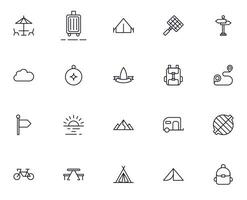 Travel icon set. Collection of outdoor activity sign for web design, UI design, mobile app, etc. Relax outline icon. Camping black pictogram on white background. vector