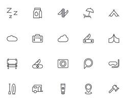 Travel icon set. Collection of outdoor activity sign for web design, UI design, mobile app, etc. Relax outline icon. Camping black pictogram on white background. vector