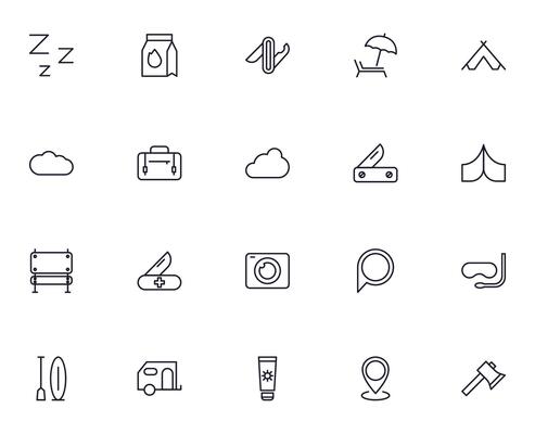 Travel icon set. Collection of outdoor activity sign for web design, UI design, mobile app, etc. Relax outline icon. Camping black pictogram on white background.