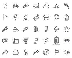 Travel icon set. Collection of outdoor activity sign for web design, UI design, mobile app, etc. Relax outline icon. Camping black pictogram on white background. vector