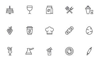 Food line icon set. Collection of outline sign for web design, mobile app, etc. Black line icon of fruit, vegetables, meat, candy, cake. vector