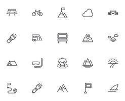 Travel icon set. Collection of outdoor activity sign for web design, UI design, mobile app, etc. Relax outline icon. Camping black pictogram on white background. vector