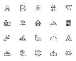 Travel icon set. Collection of outdoor activity sign for web design, UI design, mobile app, etc. Relax outline icon. Camping black pictogram on white background. vector