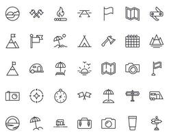 Travel icon set. Collection of outdoor activity sign for web design, UI design, mobile app, etc. Relax outline icon. Camping black pictogram on white background. vector