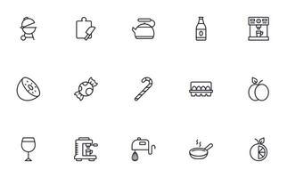 Food line icon set. Collection of outline sign for web design, mobile app, etc. Black line icon of fruit, vegetables, meat, candy, cake. vector