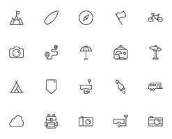 Travel icon set. Collection of outdoor activity sign for web design, UI design, mobile app, etc. Relax outline icon. Camping black pictogram on white background. vector