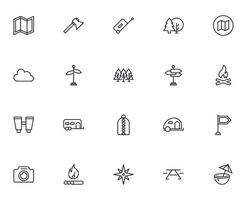 Travel icon set. Collection of outdoor activity sign for web design, UI design, mobile app, etc. Relax outline icon. Camping black pictogram on white background. vector