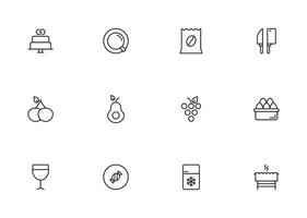 Food line icon set. Collection of outline sign for web design, mobile app, etc. Black line icon of fruit, vegetables, meat, candy, cake. vector