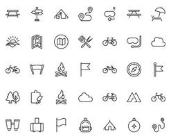 Travel icon set. Collection of outdoor activity sign for web design, UI design, mobile app, etc. Relax outline icon. Camping black pictogram on white background. vector