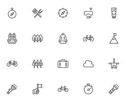Travel icon set. Collection of outdoor activity sign for web design, UI design, mobile app, etc. Relax outline icon. Camping black pictogram on white background. vector