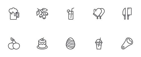 Food line icon set. Collection of outline sign for web design, mobile app, etc. Black line icon of fruit, vegetables, meat, candy, cake. vector