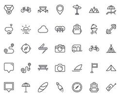 Travel icon set. Collection of outdoor activity sign for web design, UI design, mobile app, etc. Relax outline icon. Camping black pictogram on white background. vector