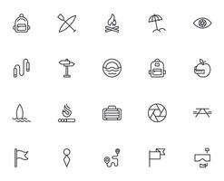 Travel icon set. Collection of outdoor activity sign for web design, UI design, mobile app, etc. Relax outline icon. Camping black pictogram on white background. vector