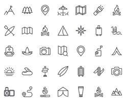 Travel icon set. Collection of outdoor activity sign for web design, UI design, mobile app, etc. Relax outline icon. Camping black pictogram on white background. vector