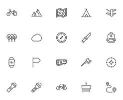 Travel icon set. Collection of outdoor activity sign for web design, UI design, mobile app, etc. Relax outline icon. Camping black pictogram on white background. vector