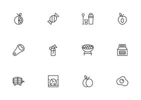 Food line icon set. Collection of outline sign for web design, mobile app, etc. Black line icon of fruit, vegetables, meat, candy, cake. vector