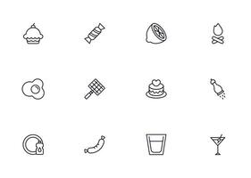 Food line icon set. Collection of outline sign for web design, mobile app, etc. Black line icon of fruit, vegetables, meat, candy, cake. vector