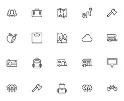 Travel icon set. Collection of outdoor activity sign for web design, UI design, mobile app, etc. Relax outline icon. Camping black pictogram on white background. vector