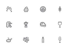 Food line icon set. Collection of outline sign for web design, mobile app, etc. Black line icon of fruit, vegetables, meat, candy, cake. vector