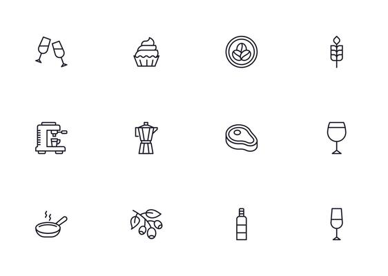 Food line icon set. Collection of outline sign for web design, mobile app, etc. Black line icon of fruit, vegetables, meat, candy, cake.