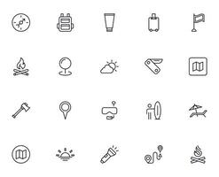 Travel icon set. Collection of outdoor activity sign for web design, UI design, mobile app, etc. Relax outline icon. Camping black pictogram on white background. vector