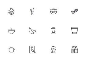 Food line icon set. Collection of outline sign for web design, mobile app, etc. Black line icon of fruit, vegetables, meat, candy, cake. vector