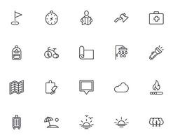 Travel icon set. Collection of outdoor activity sign for web design, UI design, mobile app, etc. Relax outline icon. Camping black pictogram on white background. vector