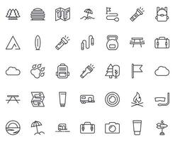 Travel icon set. Collection of outdoor activity sign for web design, UI design, mobile app, etc. Relax outline icon. Camping black pictogram on white background. vector