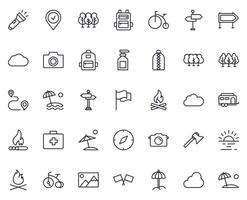 Travel icon set. Collection of outdoor activity sign for web design, UI design, mobile app, etc. Relax outline icon. Camping black pictogram on white background. vector