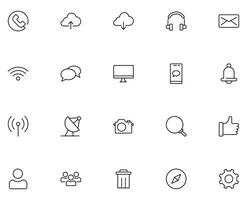 Connection and communication concept. Modern outline sign for web sites, apps, adverts. Vector line icon set with symbols of phone, upload, download, tv, computer etc