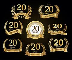 Collection of golden laurel wreaths anniversary badges vector illustration