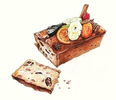 Dark rum Fruitcake hand watercolor painting on paper make graphic vector. vector