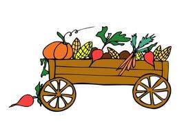 Bright veggies for harvest festival. Cute old cart with carrots, beet, corn and pumpkin on white background. Autumn poster for cards, print, decor, booklets and greeting cards. Hand drawn healthy food vector