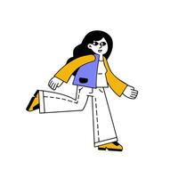 Woman runs. Hurrying character gestures. Flat cartoon illustration. Happy girl in active motion. Outline cartoon vector