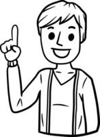 Man points up. Finger and hand gesture. Young smiling guy. Hand-drawn illustration. Happy emotion. vector