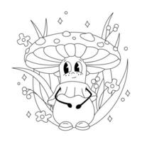 Vector black and white children's illustration of contours for coloring. Magic mushroom fly agaric with eyes and bunches in the grass and flowers.