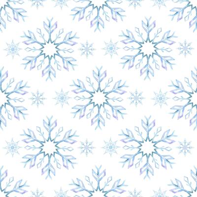 Snowflakes. Watercolor seamless pattern. Decorative winter background with hand drawn snowflakes, snow, stars. For fabric, wrapping paper, scrapbooking, postcards, invitations, cards