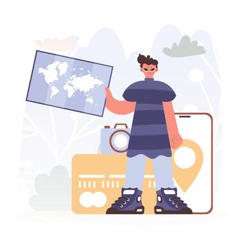 Man Holding a Chart, Uncovering Progressed Skylines, Getting a handle on the Endeavor of Travel and the Ask of Looking at the World. vector
