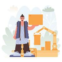 Shot in Progress. Boy with Box on Transport. vector