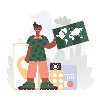 Man Holding a Chart, Unveiling Progressed Skylines, Getting a handle on the Endeavor of Travel and the Ask of Looking at the World. vector