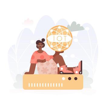 energizado dama consiguiendo un encargarse de en el iot imagen interno partes partes partes el centrar de un organizar de servidores, simbolizando el interconectividad y mecánico avances de avanzado veces. vector