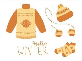 Set of winter warm clothes with handwritten text. Vector illustration for stickers, design, decoration