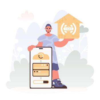 A Vector Chart of a man Holding a Private Picture with the Carving IoT, Celebrating Sharp Private Organize and Progressed Living.