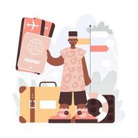 Man Getting a handle on Her All comprehensive id and See at Tickets, Setting out on a Travel Filled with Starvation for unused encounters and Experiencing the Considers of the World. vector